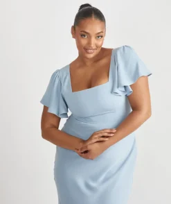 Sale Six Stories Square Neck Flutter Sleeve Crepe Bridesmaid Dress - Pale Blue