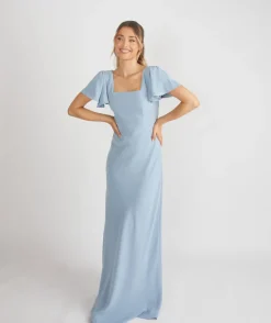 Sale Six Stories Square Neck Flutter Sleeve Crepe Bridesmaid Dress - Pale Blue