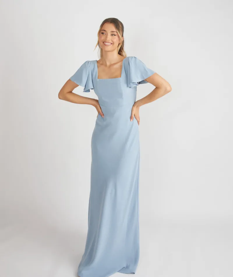 Sale Six Stories Square Neck Flutter Sleeve Crepe Bridesmaid Dress - Pale Blue