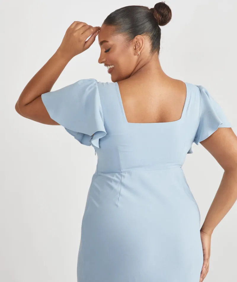 Sale Six Stories Square Neck Flutter Sleeve Crepe Bridesmaid Dress - Pale Blue