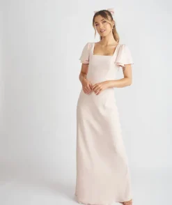 Online Six Stories Square Neck Flutter Sleeve Crepe Bridesmaid Dress - Blush