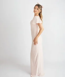 Online Six Stories Square Neck Flutter Sleeve Crepe Bridesmaid Dress - Blush