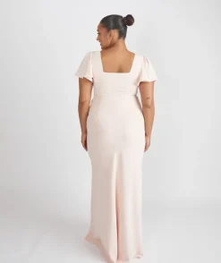 Online Six Stories Square Neck Flutter Sleeve Crepe Bridesmaid Dress - Blush