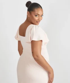 Online Six Stories Square Neck Flutter Sleeve Crepe Bridesmaid Dress - Blush