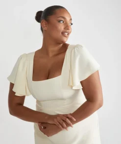 New Six Stories Square Neck Flutter Sleeve Crepe Bridesmaid Dress - Almond
