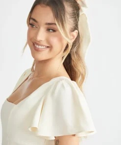 New Six Stories Square Neck Flutter Sleeve Crepe Bridesmaid Dress - Almond