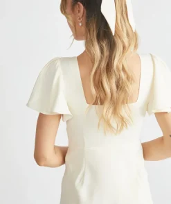 New Six Stories Square Neck Flutter Sleeve Crepe Bridesmaid Dress - Almond