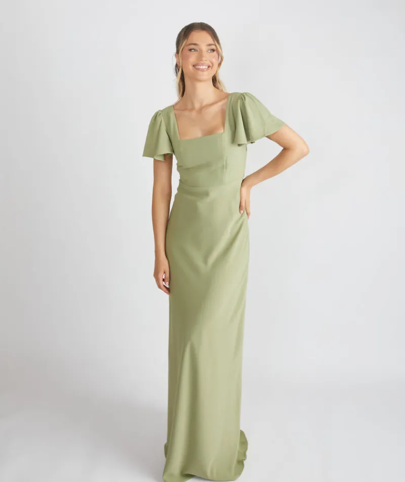 Sale Six Stories Square Neck Flutter Sleeve Crepe Bridesmaid Dress - Sage