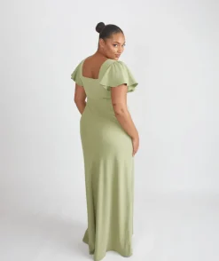 Sale Six Stories Square Neck Flutter Sleeve Crepe Bridesmaid Dress - Sage