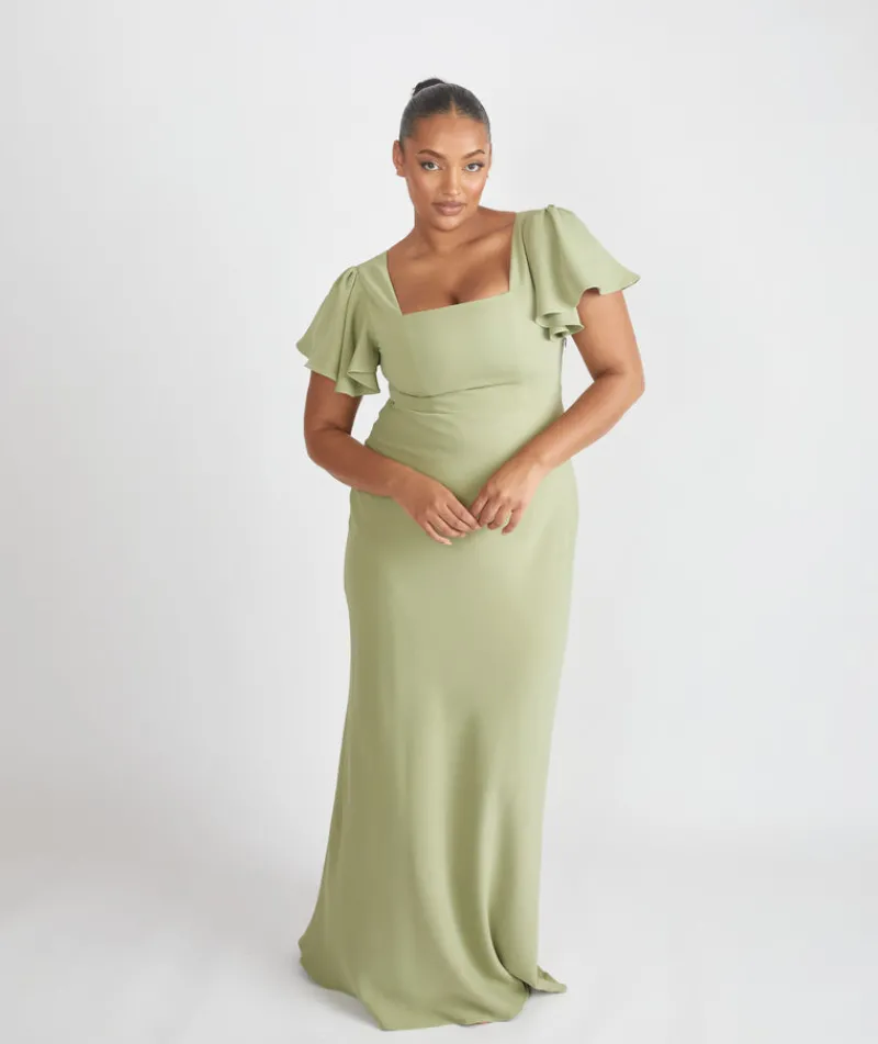 Sale Six Stories Square Neck Flutter Sleeve Crepe Bridesmaid Dress - Sage
