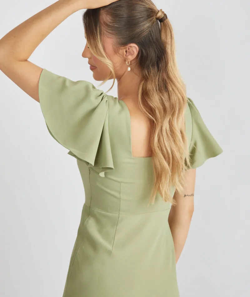Sale Six Stories Square Neck Flutter Sleeve Crepe Bridesmaid Dress - Sage