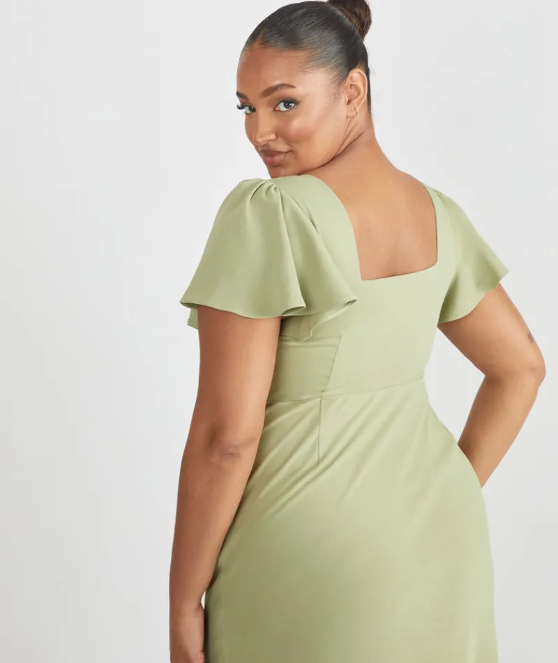 Sale Six Stories Square Neck Flutter Sleeve Crepe Bridesmaid Dress - Sage