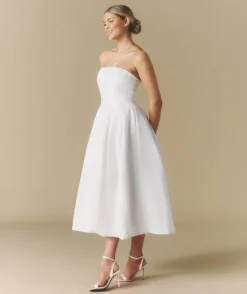Online Six Stories Strapless Bow Back Pleated Midi Dress - White