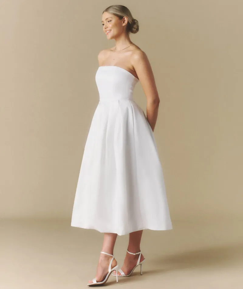 Online Six Stories Strapless Bow Back Pleated Midi Dress - White