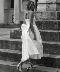 Online Six Stories Strapless Bow Back Pleated Midi Dress - White