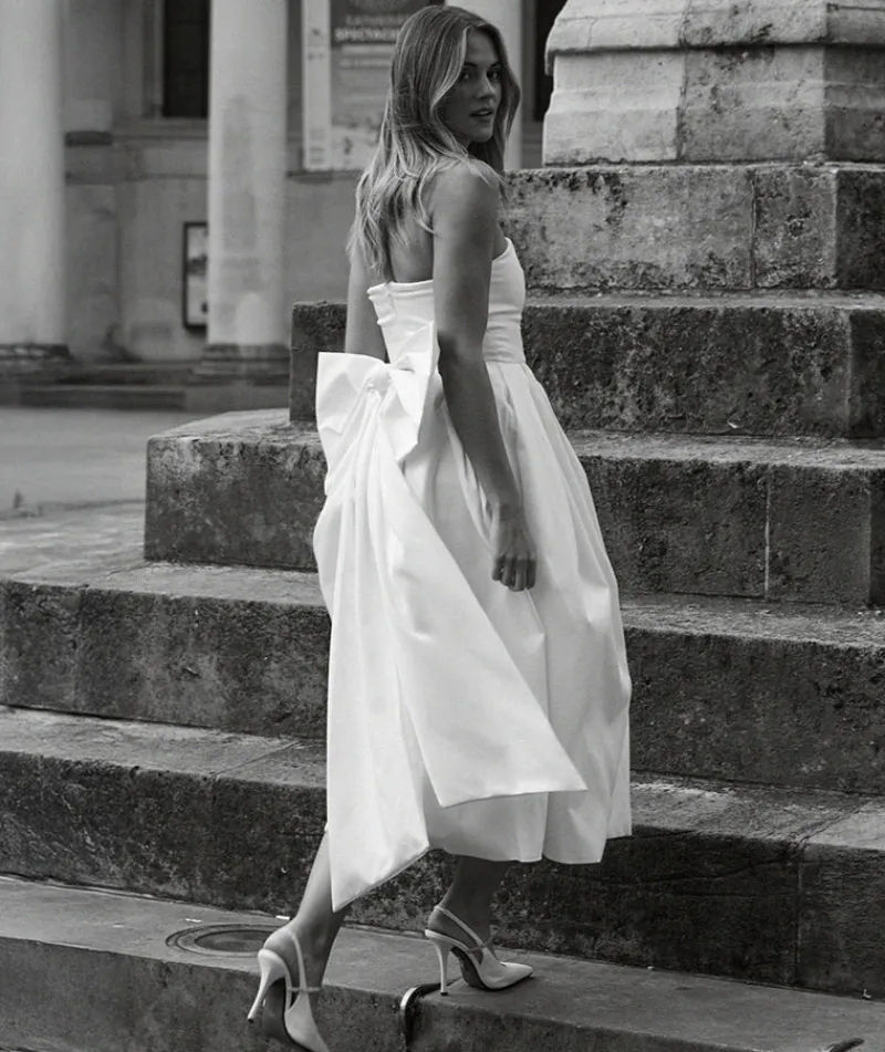 Online Six Stories Strapless Bow Back Pleated Midi Dress - White