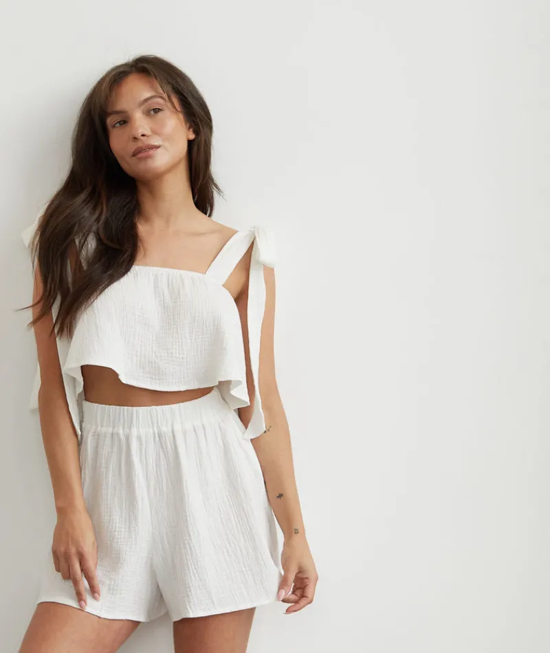 Outlet Six Stories Tie Shoulder Cotton Cami and Short Night Set - Ivory