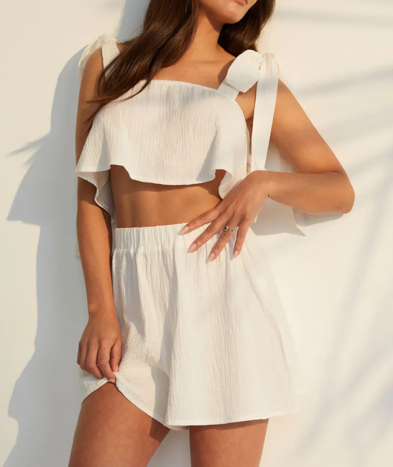 Outlet Six Stories Tie Shoulder Cotton Cami and Short Night Set - Ivory