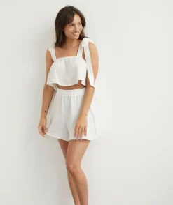 Outlet Six Stories Tie Shoulder Cotton Cami and Short Night Set - Ivory
