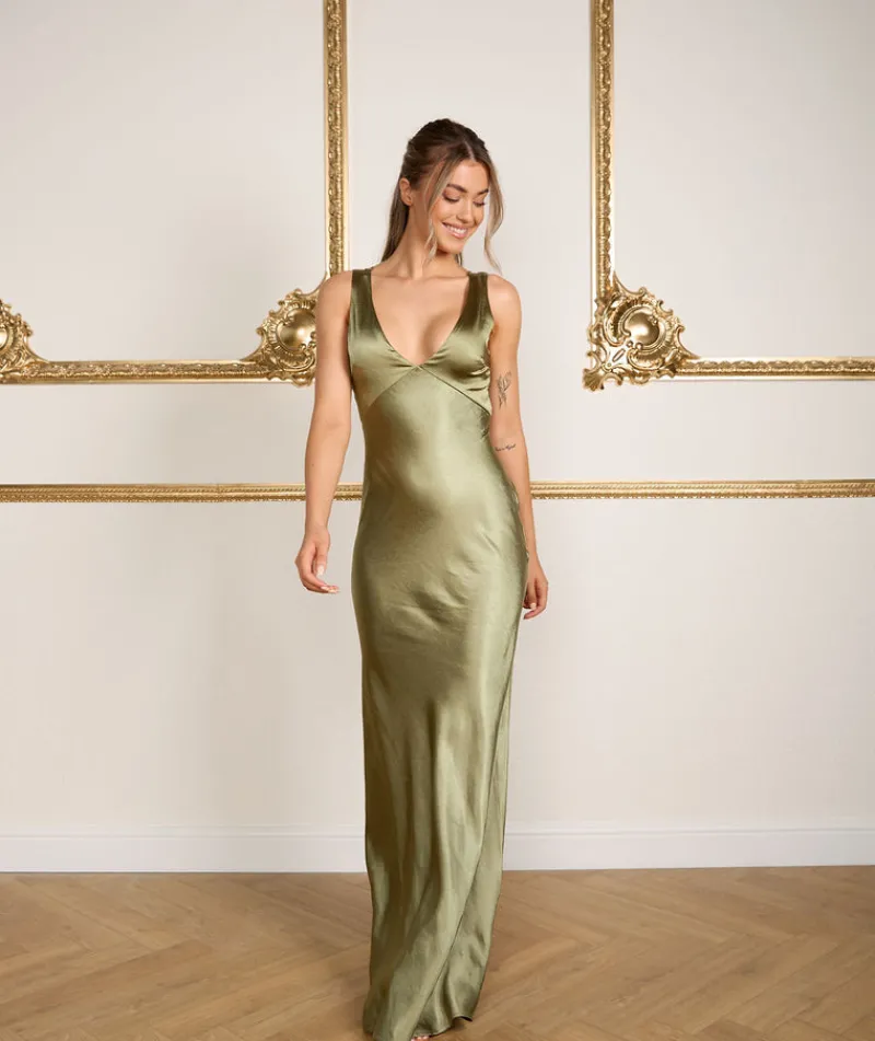 New Six Stories Twist Back Satin Bridesmaid Dress - Moss Green