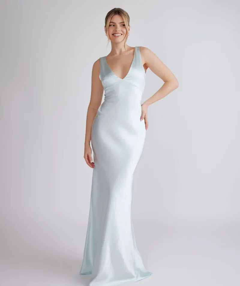 Online Six Stories Twist Back Satin Bridesmaid Dress - Ice Blue