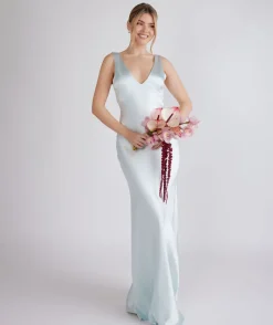 Online Six Stories Twist Back Satin Bridesmaid Dress - Ice Blue