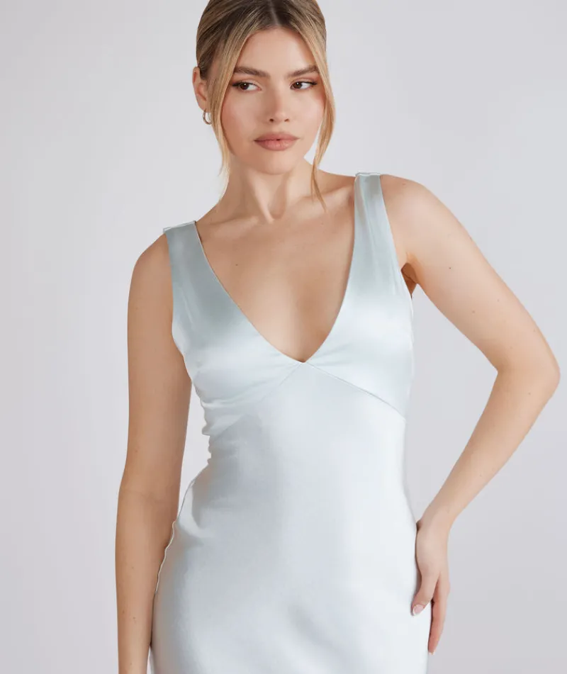 Online Six Stories Twist Back Satin Bridesmaid Dress - Ice Blue