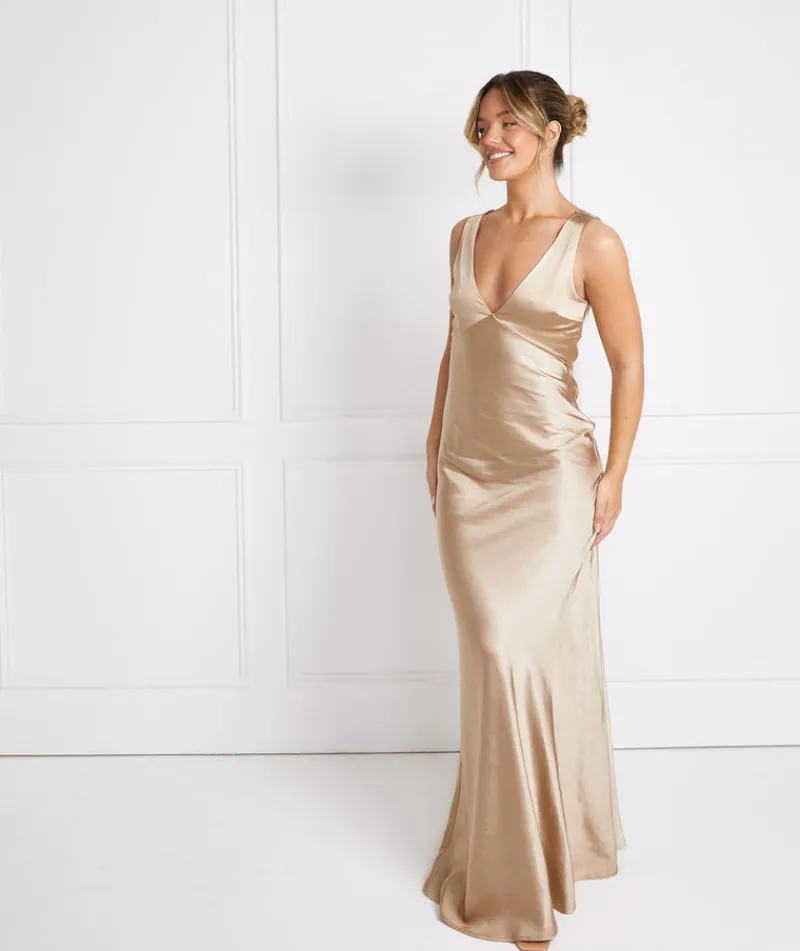 Sale Six Stories Twist Back Satin Bridesmaid Dress - Champagne