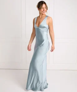 Hot Six Stories Twist Back Satin Bridesmaid Dress - Dusty Blue