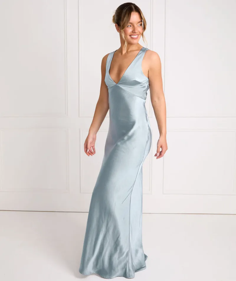 Hot Six Stories Twist Back Satin Bridesmaid Dress - Dusty Blue