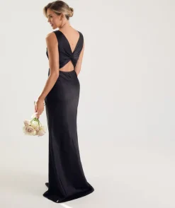 Discount Six Stories Twist Back Satin Bridesmaid Dress - Black