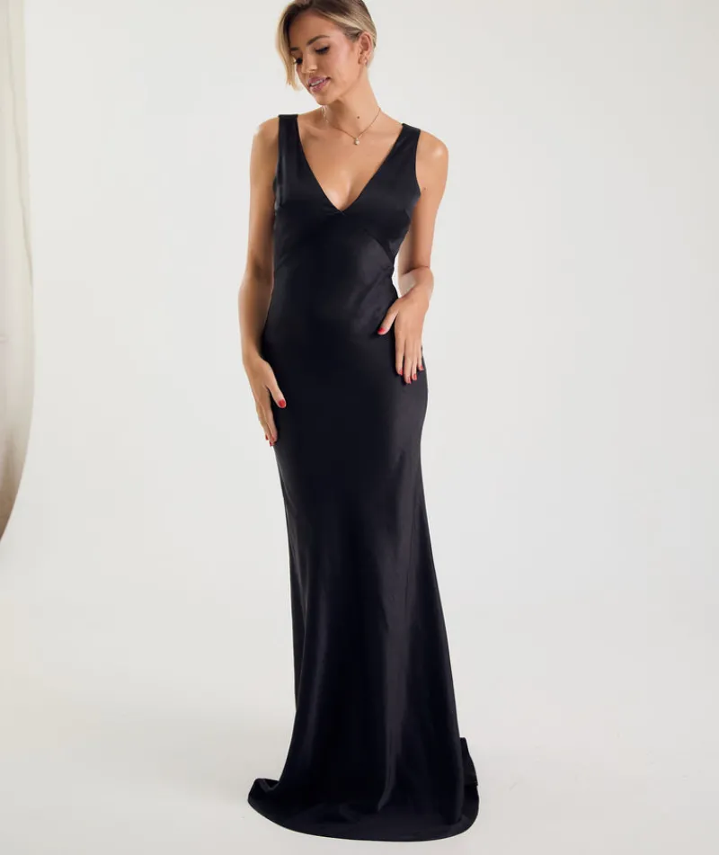 Discount Six Stories Twist Back Satin Bridesmaid Dress - Black
