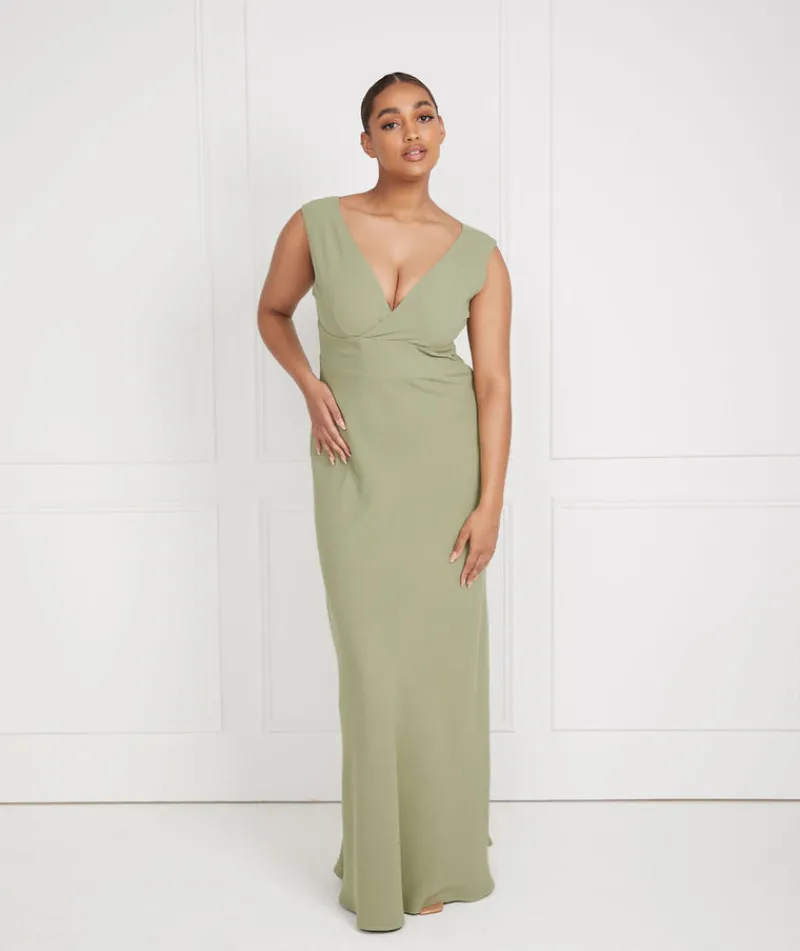 Best Six Stories V Neck Plunge Crepe Bridesmaid Dress - Sage