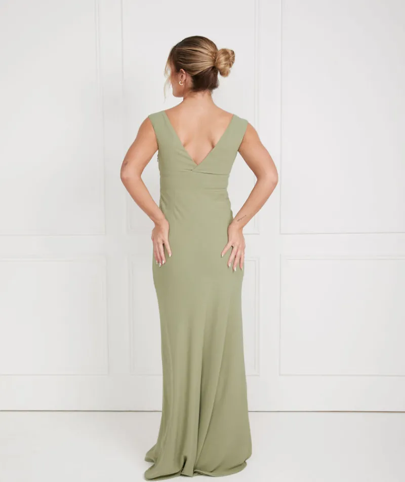 Best Six Stories V Neck Plunge Crepe Bridesmaid Dress - Sage