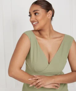 Best Six Stories V Neck Plunge Crepe Bridesmaid Dress - Sage