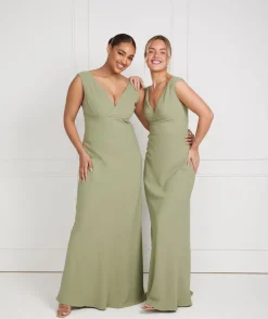 Best Six Stories V Neck Plunge Crepe Bridesmaid Dress - Sage