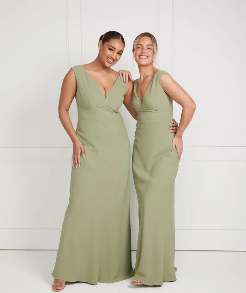 Best Six Stories V Neck Plunge Crepe Bridesmaid Dress - Sage