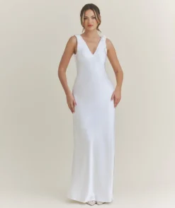 Sale Six Stories V Neck Satin Maxi Dress – White