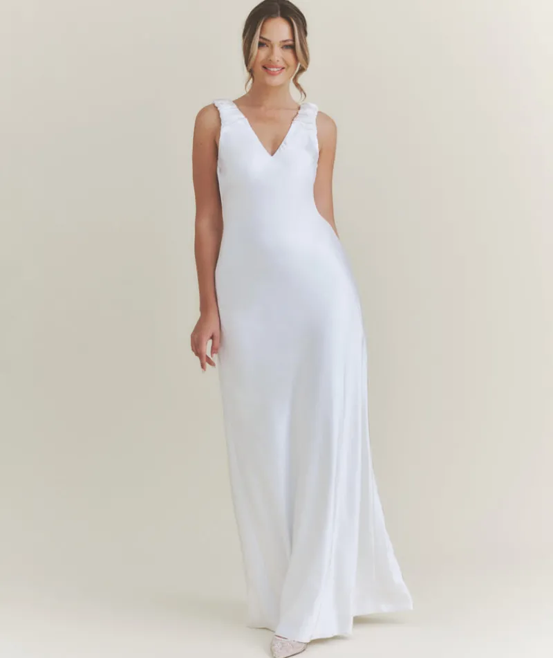 Sale Six Stories V Neck Satin Maxi Dress – White