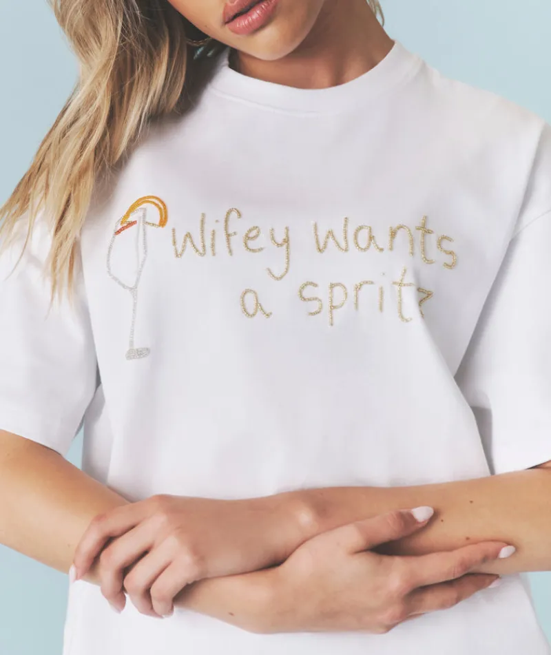 Discount Six Stories Wifey Wants a Spritz Beaded Tee - White