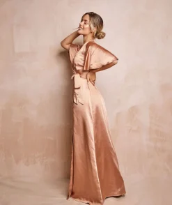 Online Six Stories Wrap Tie Satin Bridesmaid Dress - Burnt Peach