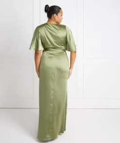 Online Six Stories Wrap Tie Satin Bridesmaid Dress - Moss Green