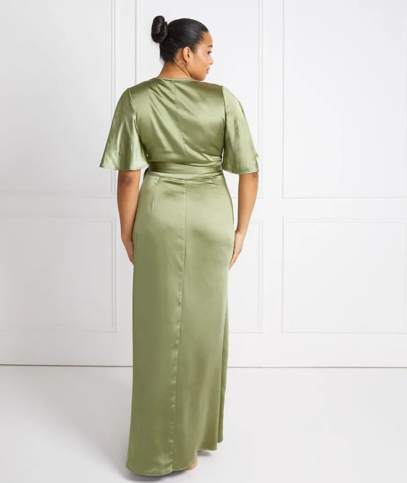 Online Six Stories Wrap Tie Satin Bridesmaid Dress - Moss Green