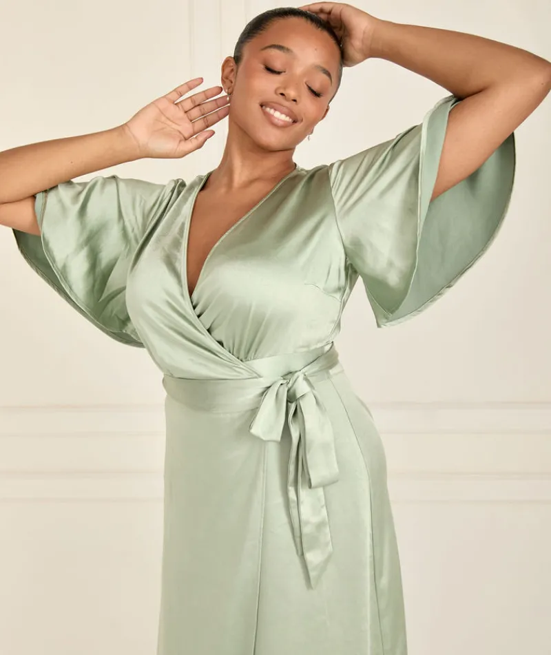 New Six Stories Wrap Tie Satin Bridesmaid Dress - Sage