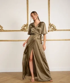 Clearance Six Stories Wrap Tie Satin Bridesmaid Dress - Olive