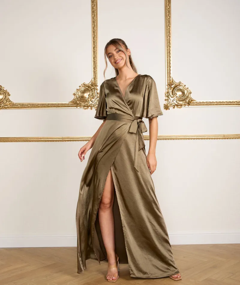 Clearance Six Stories Wrap Tie Satin Bridesmaid Dress - Olive