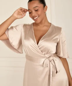 Discount Six Stories Wrap Tie Satin Bridesmaid Dress - Oyster