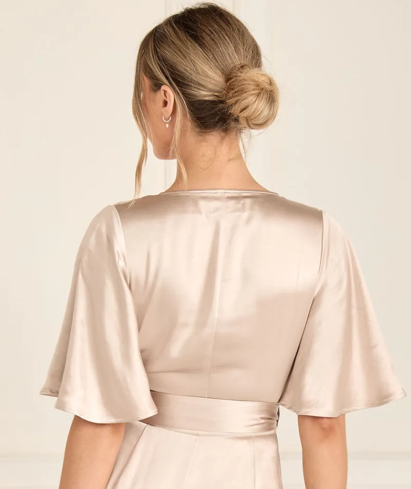 Discount Six Stories Wrap Tie Satin Bridesmaid Dress - Oyster