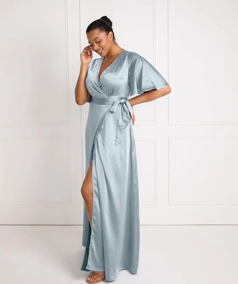 Discount Six Stories Wrap Tie Satin Bridesmaid Dress - Dusty Blue