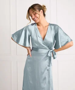 Discount Six Stories Wrap Tie Satin Bridesmaid Dress - Dusty Blue